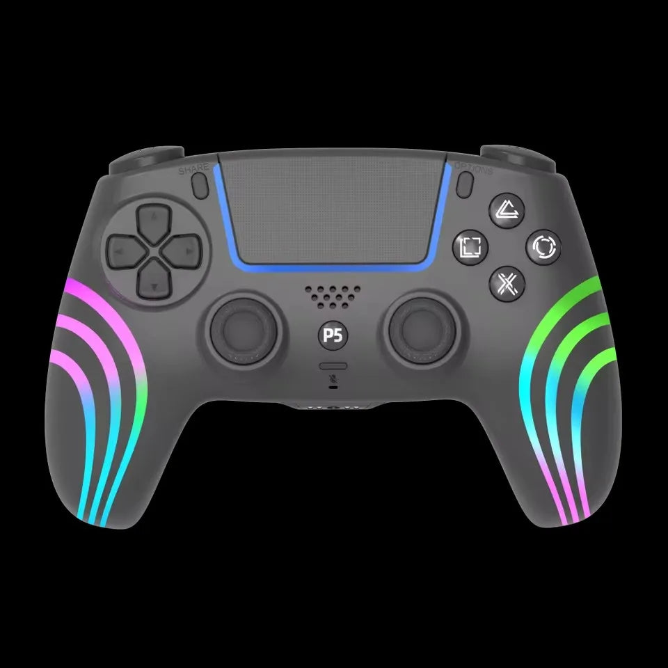 A gray PlayStation 5 controller with blue and pink RGB lighting accents.