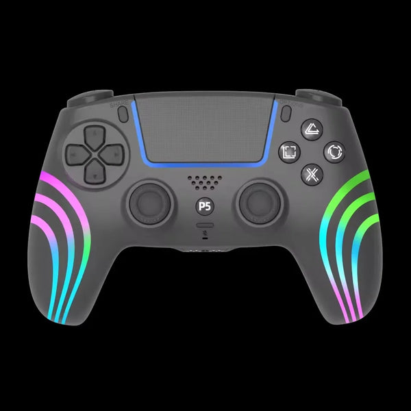 A gray PlayStation 5 controller with blue and pink RGB lighting accents.