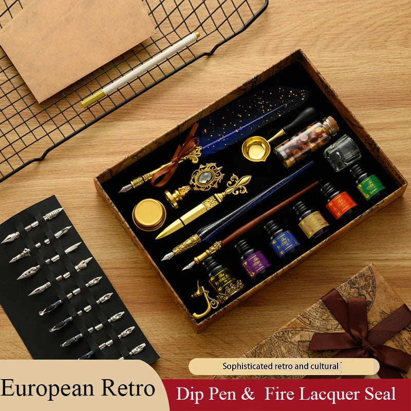 A wooden box containing a luxury fountain pen set and wax seal kit with various tools on a wooden surface.