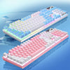 A close-up view of a high-performance wired gaming keyboard with pink and blue LED backlighting.