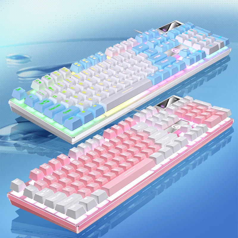 A close-up view of a high-performance wired gaming keyboard with pink and blue LED backlighting.