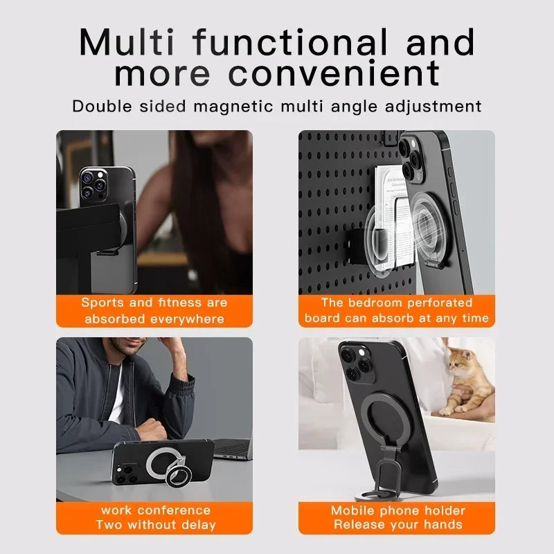 A multi-functional magnetic phone stand and kickstand shown in various uses including sports, bedrooms, and for mobile phone 