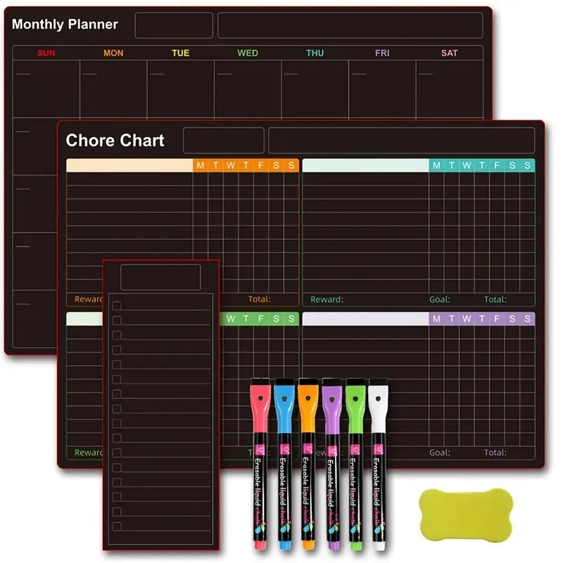 A set of magnetic refrigerator planning calendars featuring a monthly planner and a chore chart.