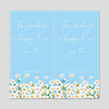 A light blue rectangular card design with handwritten text and a border of white and yellow daisies.