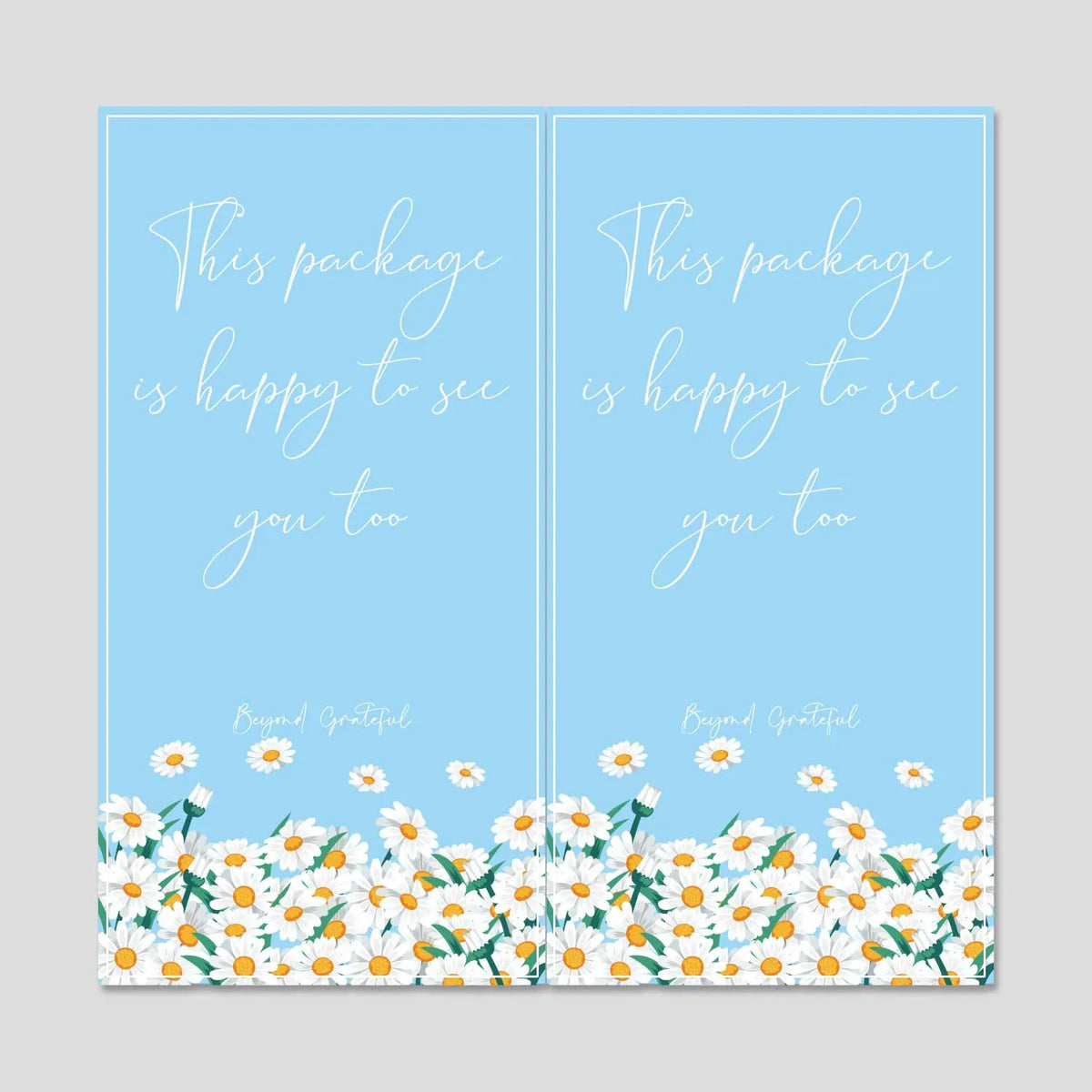 A light blue rectangular card design with handwritten text and a border of white and yellow daisies.