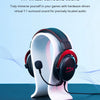 A white gaming headset with red accents is shown on a blue surface.