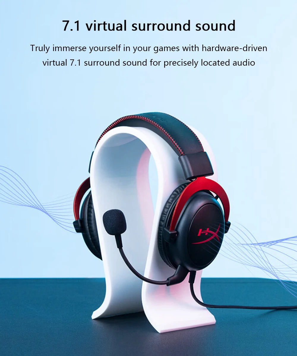A white gaming headset with red accents is shown on a blue surface.