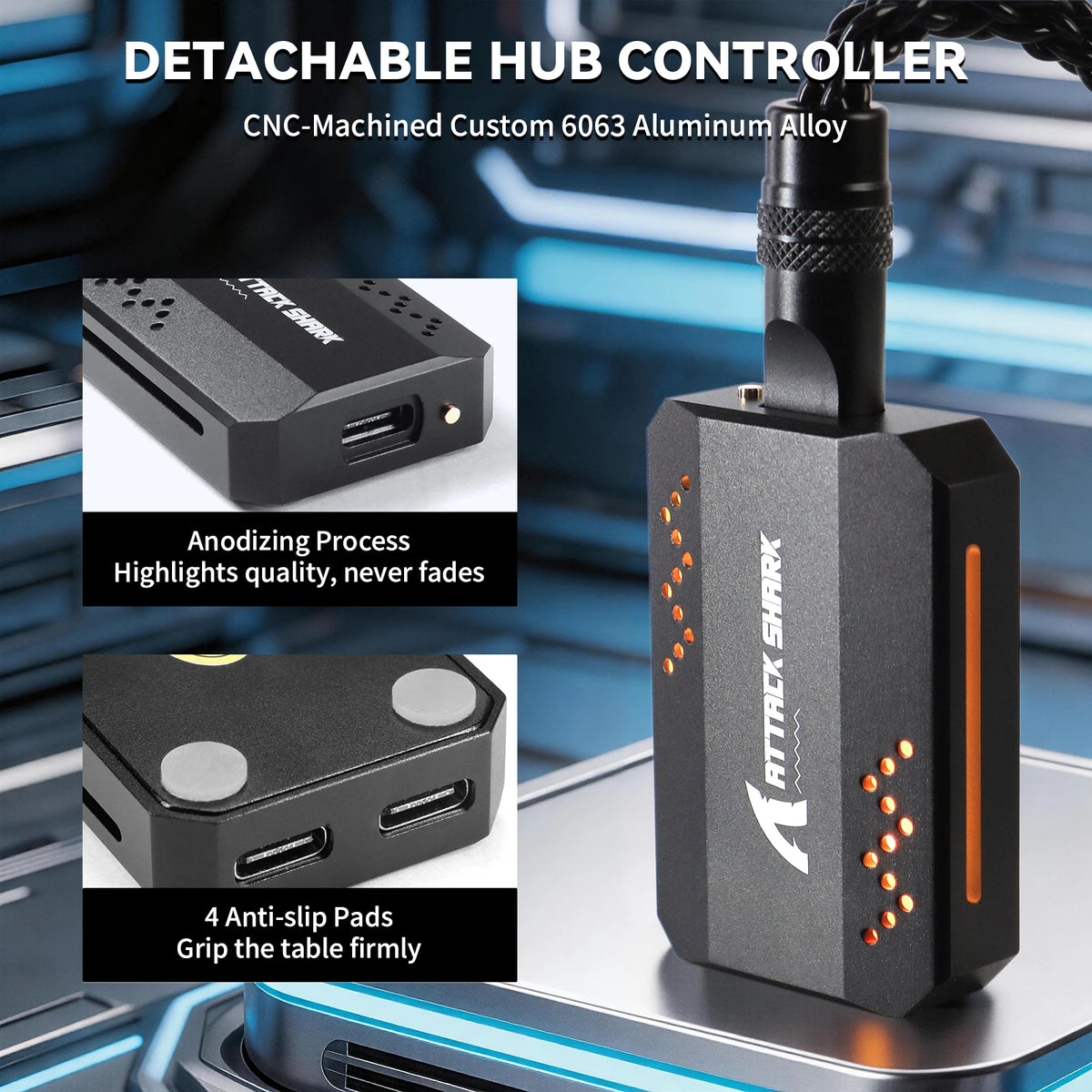 A black detachable hub controller made of CNC-machined 6063 aluminum alloy with anodized finish and anti-slip pads.