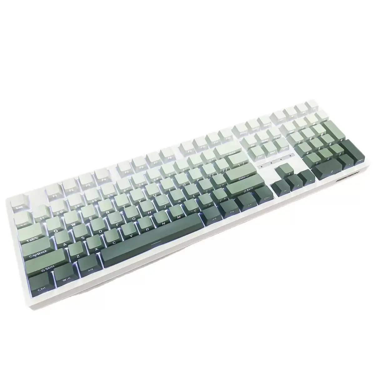Primer plano de un teclado mecánico blanco con teclas PBT cian degradado e iluminación RGB.
