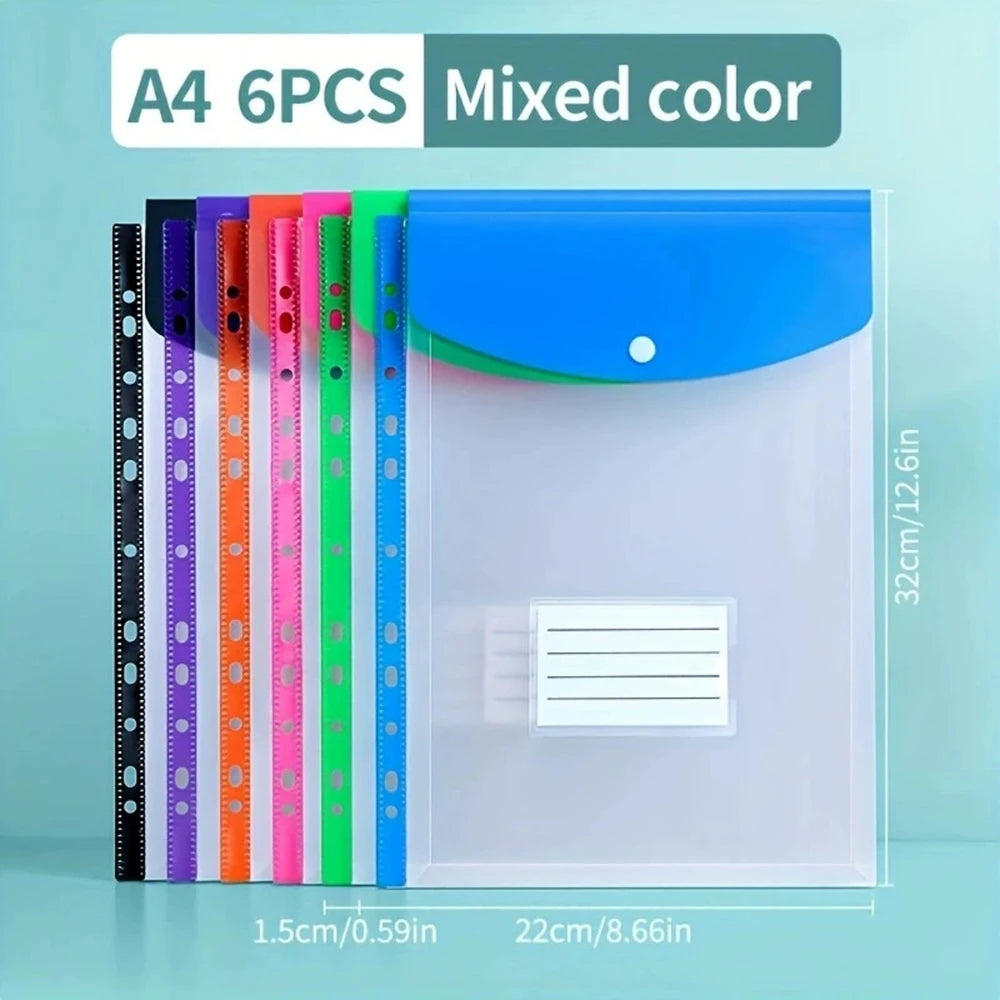 A set of six A4 loose-leaf file bags in mixed colors with binding rings and a clear plastic cover.