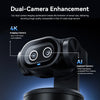 A close-up view of an AI-assisted dual-camera 4K imaging camera module on a black PTZ webcam.