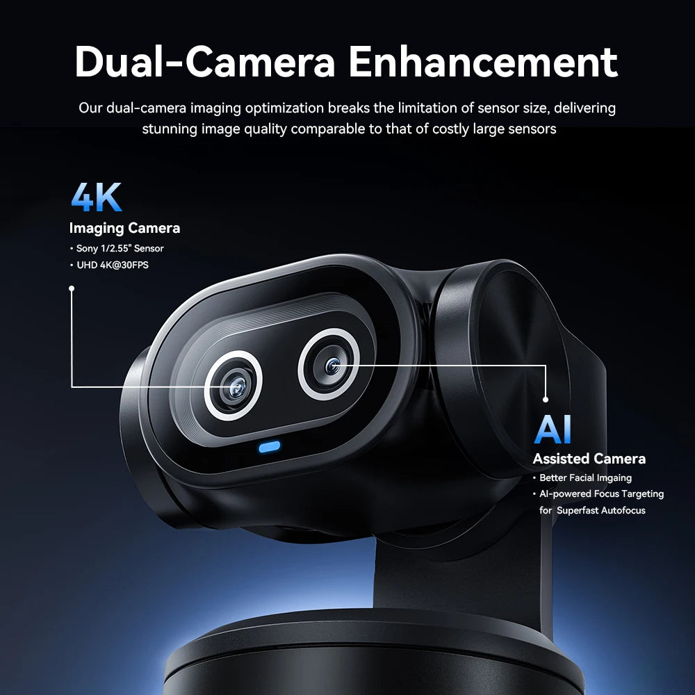 A close-up view of an AI-assisted dual-camera 4K imaging camera module on a black PTZ webcam.