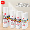 A collection of white Glue Stick products with various PVA glue sizes and packaging shown on a wooden surface.