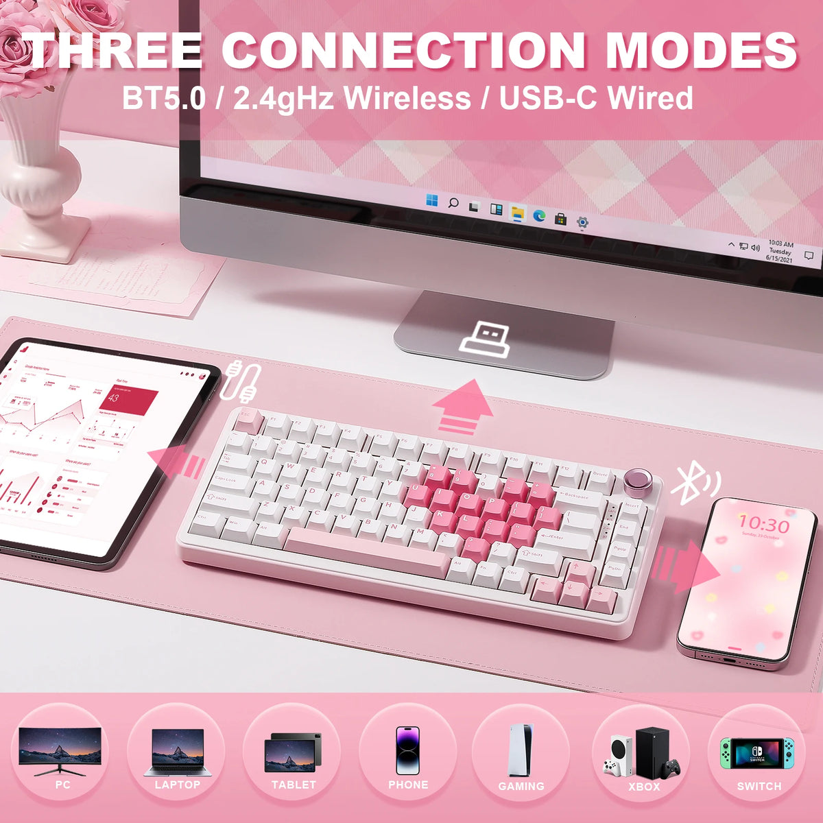 A pink heart-shaped mechanical keyboard is shown next to a laptop and smartphone, demonstrating three connection modes.