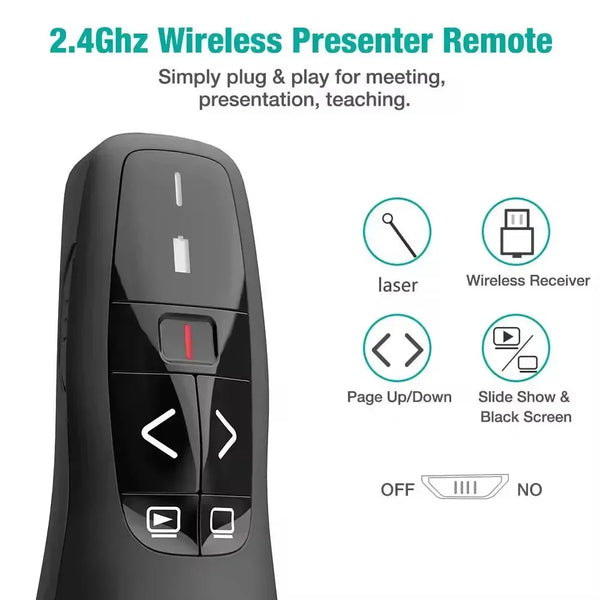 Black wireless presenter remote control for slideshow and presentation