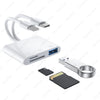 A white adapter for connecting a Type-C port to an SD or TF memory card.