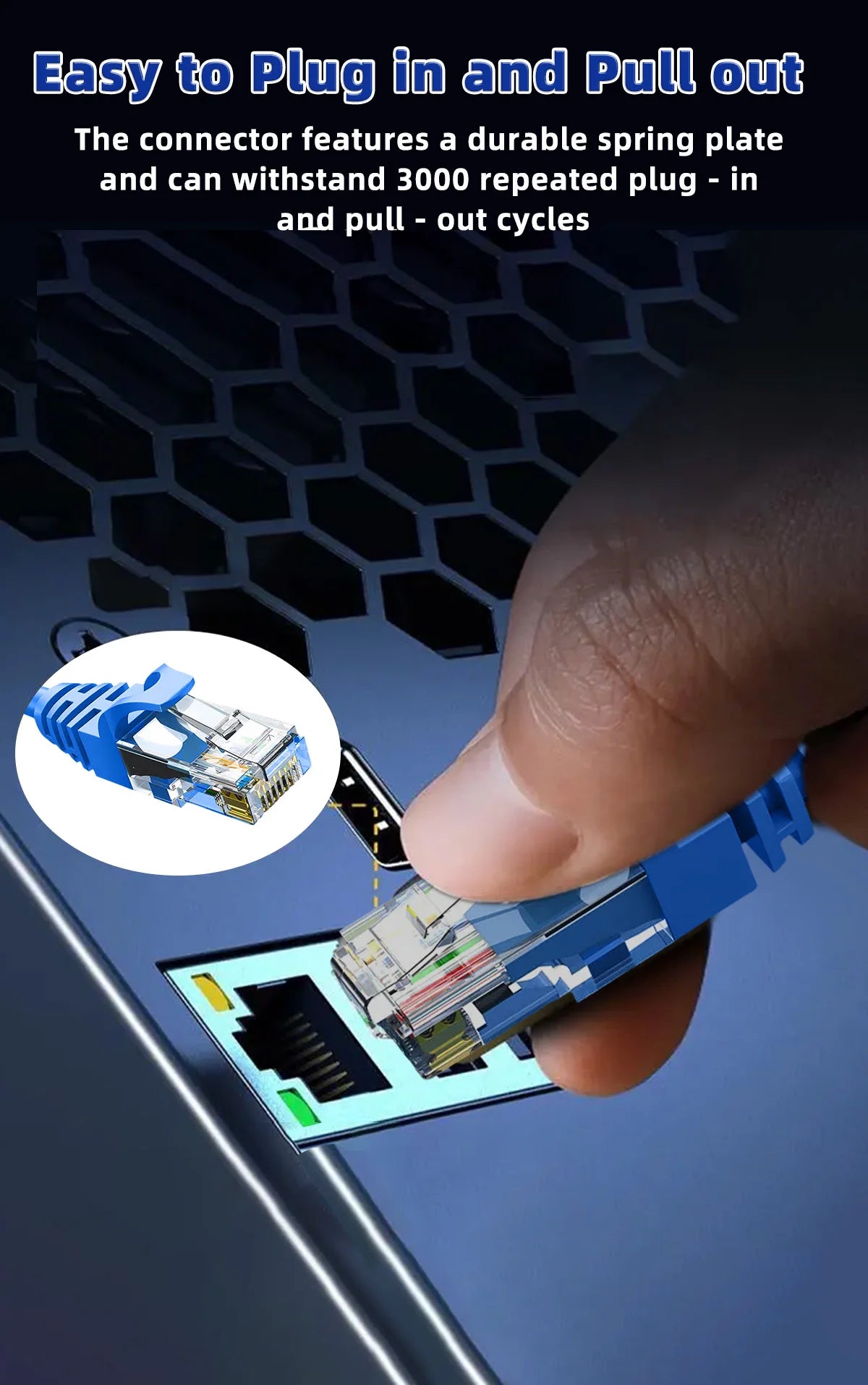 Eine Hand steckt und zieht einen blauen Ethernet-Stecker aus einer Platine.