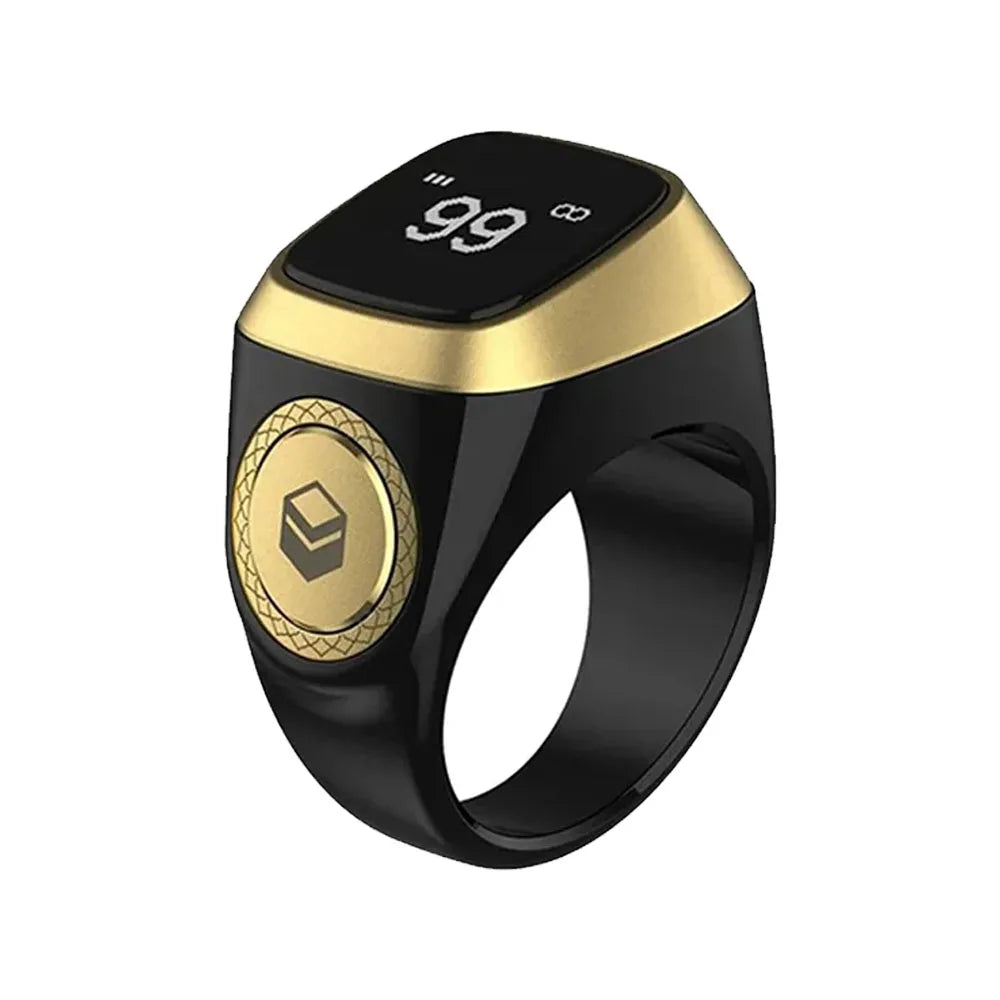 A black and gold digital ring for prayer counting and reminder with a display showing 99.
