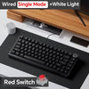 A black AJAZZ AK820 mechanical keyboard is shown with a red switch and white light, placed on a wooden surface.