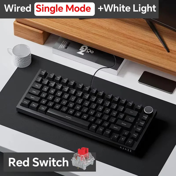 A black AJAZZ AK820 mechanical keyboard is shown with a red switch and white light, placed on a wooden surface.