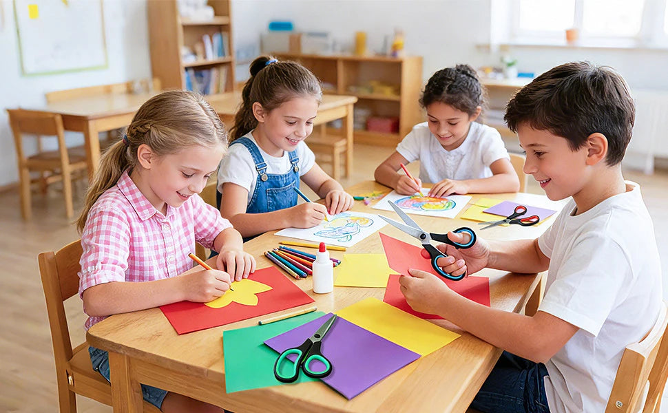 A boy and a girl are using a multipurpose stainless steel scissors set to cut colored paper at a wooden table.