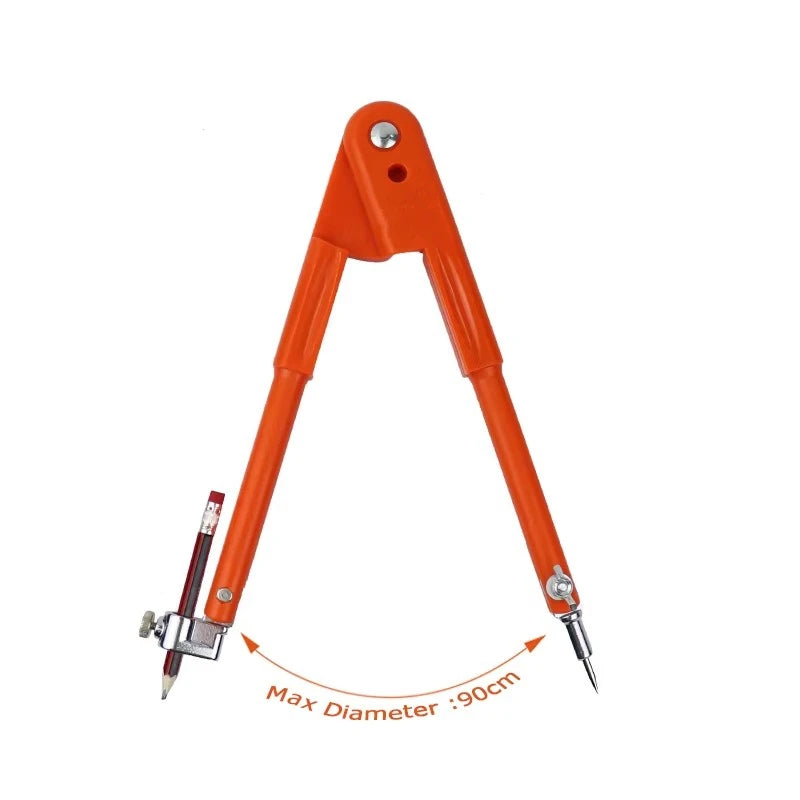 Orange adjustable woodworking marking compass with a pencil holder and a 90cm maximum diameter scale.