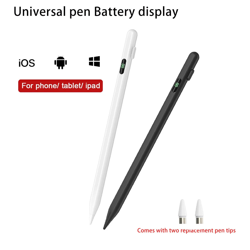 A white stylus pen and a black stylus pen are shown with replacement tips.