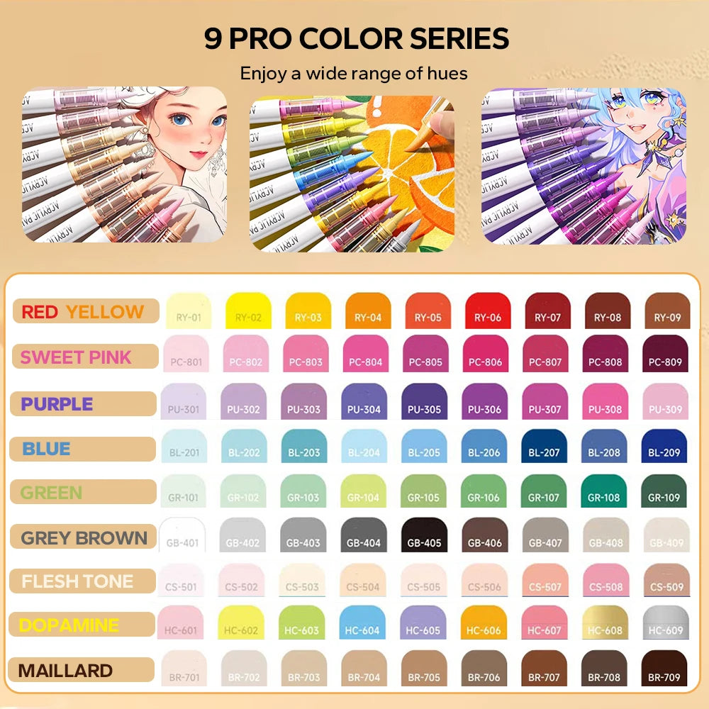 A grid display of 9 Pro Color Series acrylic brush markers in various hues including red, yellow, pink, purple, blue, green, 