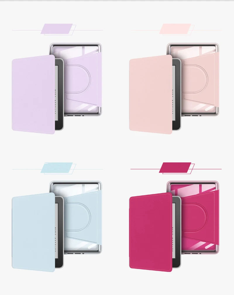 Three versions of a magnetic detachable protective case for a Kindle in purple, pink, and light blue.