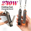 A hand holds a folding fast charging stand with an adapter and phone holder in black, gray, and orange colors.