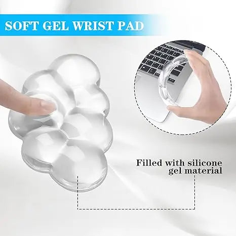 A clear soft gel wrist pad is shown next to a laptop keyboard, highlighting its use as an ergonomic rest.