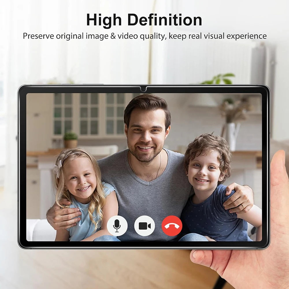 A hand holds a dual screen protector set for a Samsung tablet displaying a family portrait.