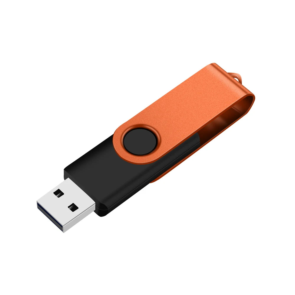 An orange and black rotatable USB flash drive with a metal connector.