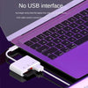 A purple laptop shows a USB adapter connected to a Type-C port, illustrating no USB interface functionality.