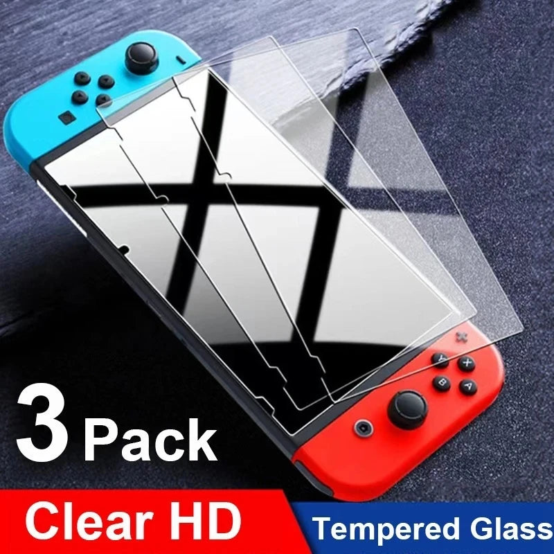 A pack of three clear HD tempered glass screen protectors for a Nintendo Switch console.