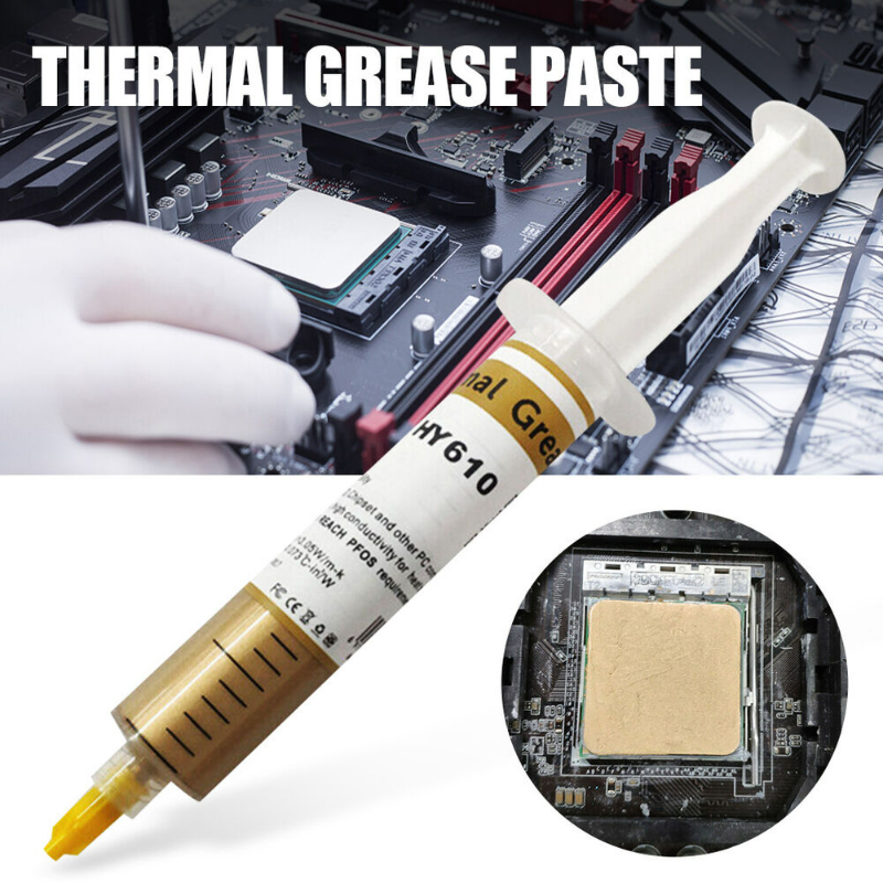 Ein Tube thermische Wärmeleitpaste neben einem Computer-Motherboard und eine Nahaufnahme der Paste.
