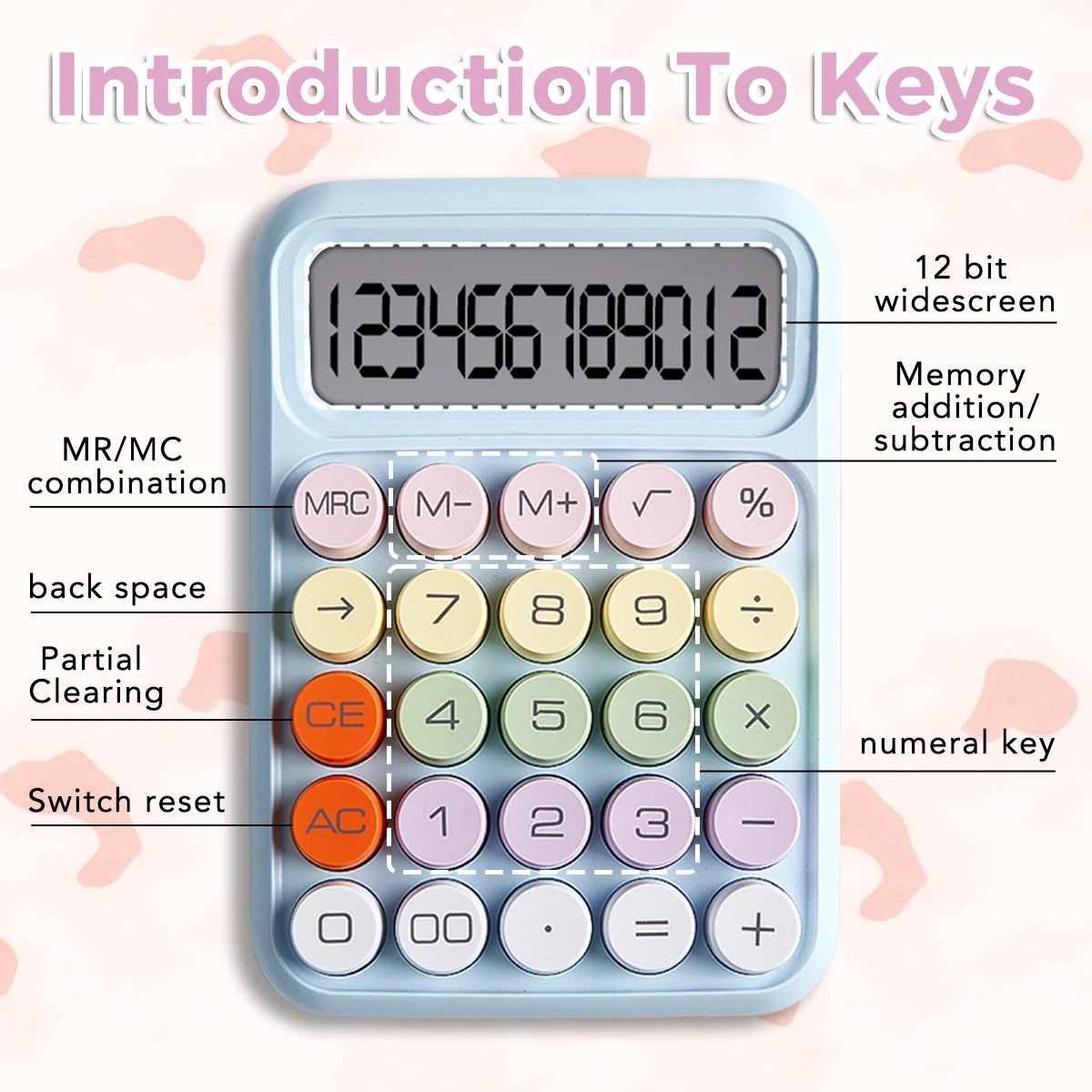 A light blue 12-digit desktop calculator with various function keys and a wide screen display.