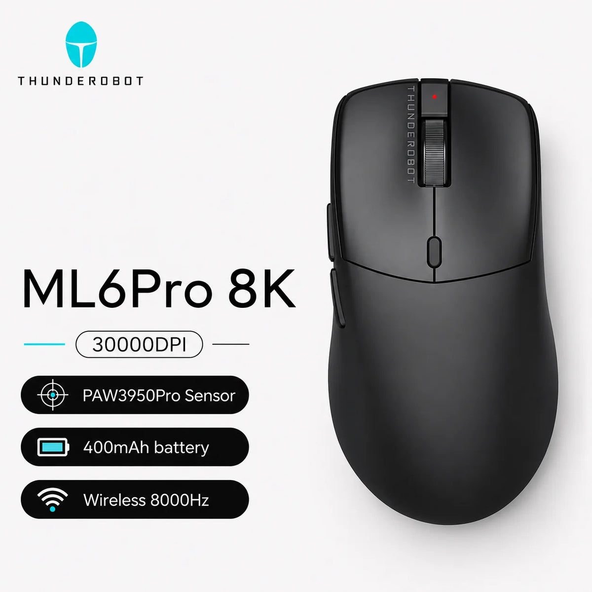 Schwarze ML6Pro 8K kabellose Gaming-Maus mit rotem Schalter und verschiedenen technischen Spezifikationen darunter