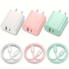 A set of pink, white, and mint green 40W dual port USB-C fast chargers with 6ft Lightning cables.