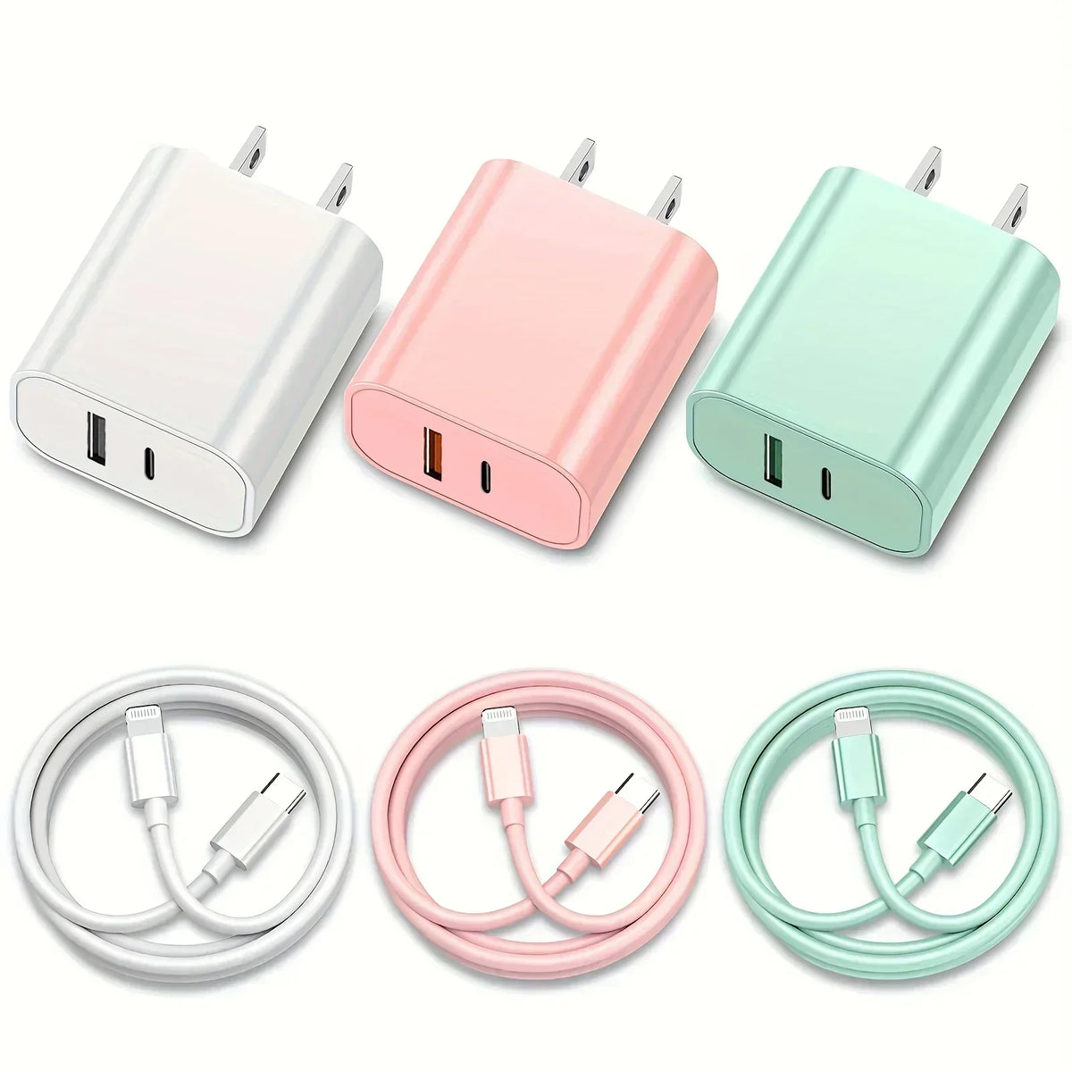 A set of pink, white, and mint green 40W dual port USB-C fast chargers with 6ft Lightning cables.