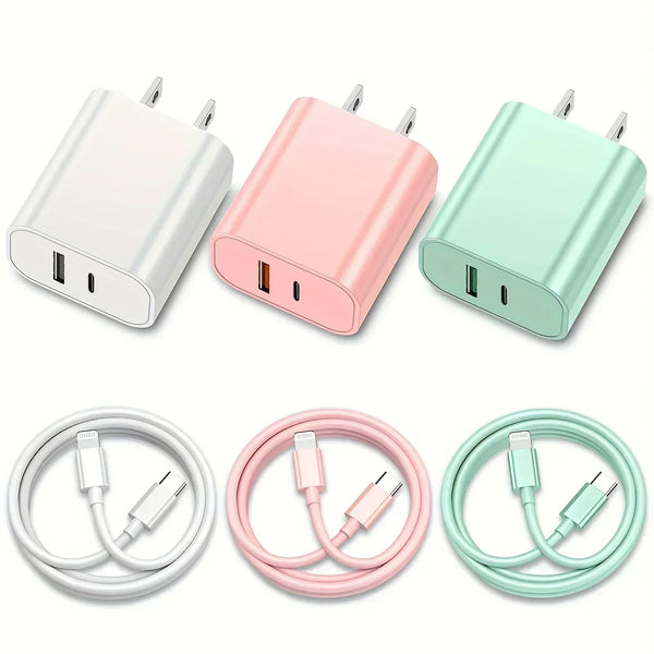 A set of pink, white, and mint green 40W dual port USB-C fast chargers with 6ft Lightning cables.