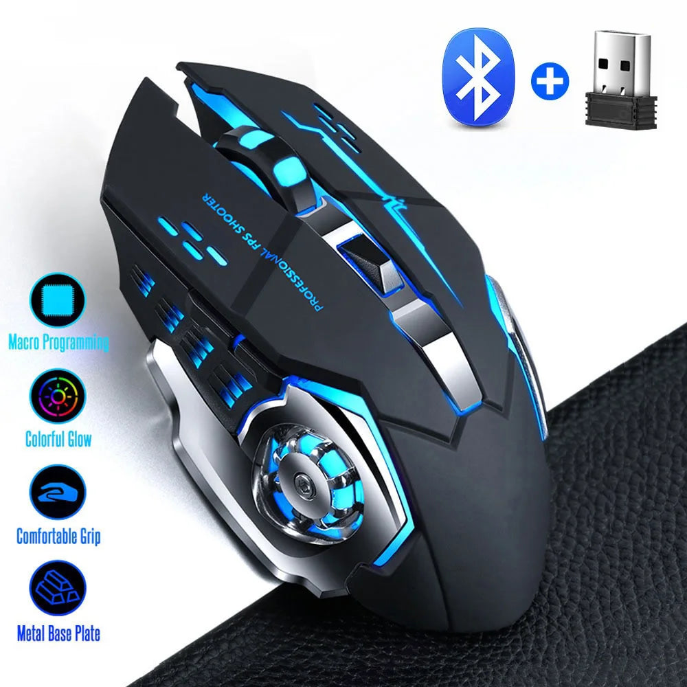 Black gaming mouse with blue glow and silver accents shown on a black surface.