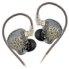 A pair of clear in-ear monitors with gold accents and a brown cable shown against a white background.