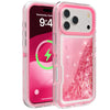 A clear pink glitter liquid phone case protecting a smartphone displaying a vibrant pink screen.