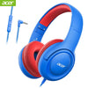 Blue and red wired headphones with a blue cord and volume limiter for kids
