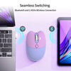 A gradient cat-shaped wireless mouse is shown next to a laptop and a smartphone, demonstrating seamless switching via Bluetoo