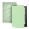 A light green silicone protective cover for a Kindle e-reader, shown with its clear case and a solid green front cover.