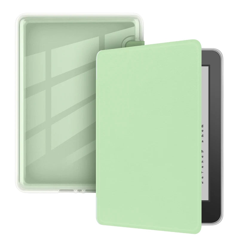 A light green silicone protective cover for a Kindle e-reader, shown with its clear case and a solid green front cover.