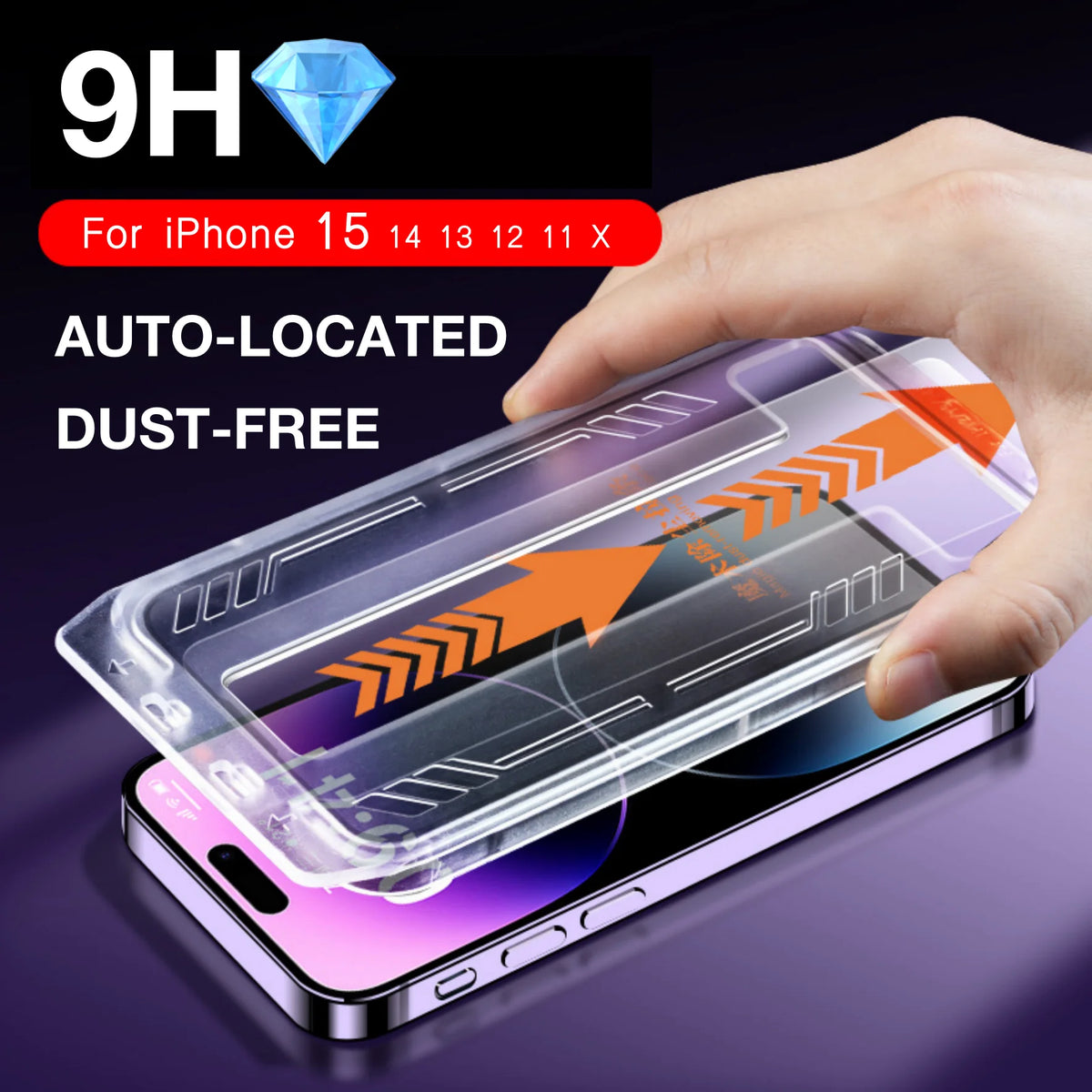 A hand is applying a clear tempered glass screen protector to an iPhone, demonstrating the auto-located dust-free installatio