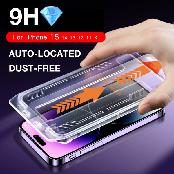 A hand is applying a clear tempered glass screen protector to an iPhone, demonstrating the auto-located dust-free installatio